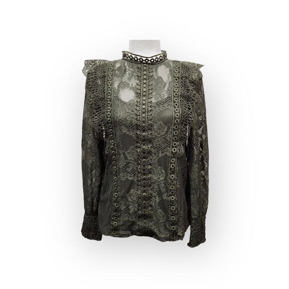 Tops - Cable & Gauge Olive Green Lace Long Sleeve Mock Neck Blouse